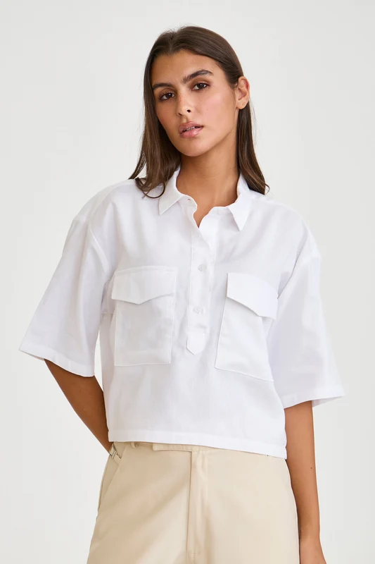 CAMISA CROPPED WORKER DOIS BOLSOS LINHO BRANCO / P