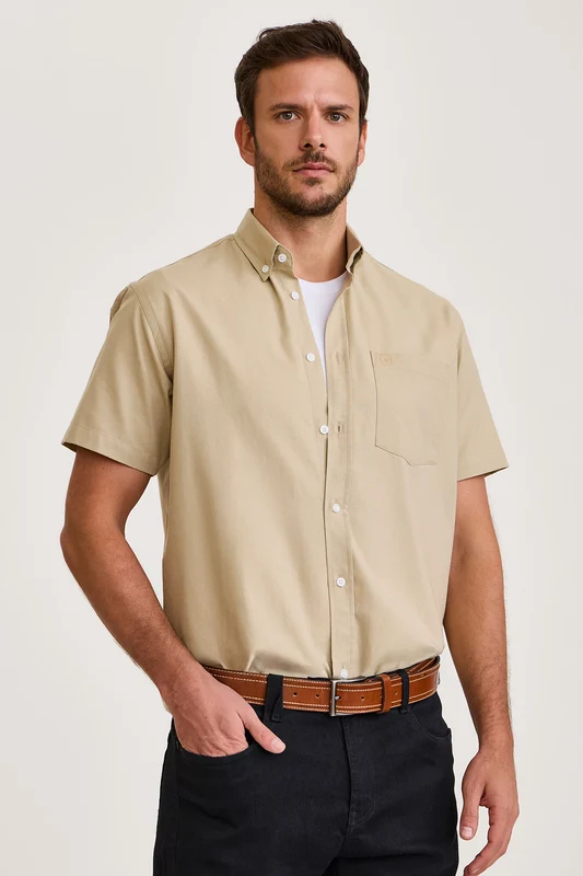 CAMISA CURTA REGULAR OXFORD BORDADO 2942 BEGE / M