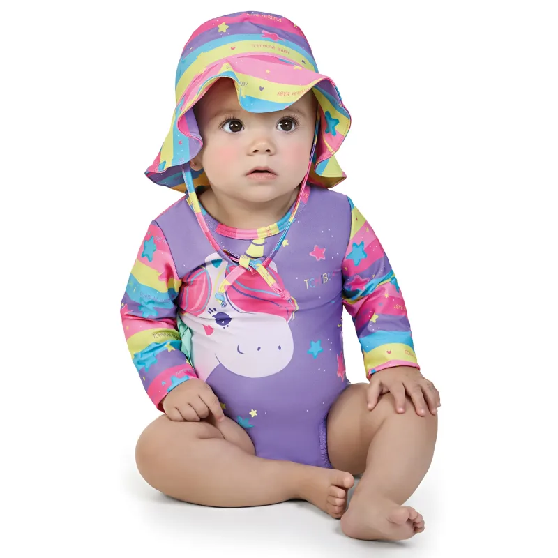 Maiô Body Bebê Manga Longa com Chapéu Unicórnio Lilás e Rosa Kamylus