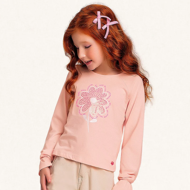 Blusinha Manga Longa Flor com Latejoulas Fakini - Feminino 08 / Menina / Rosa