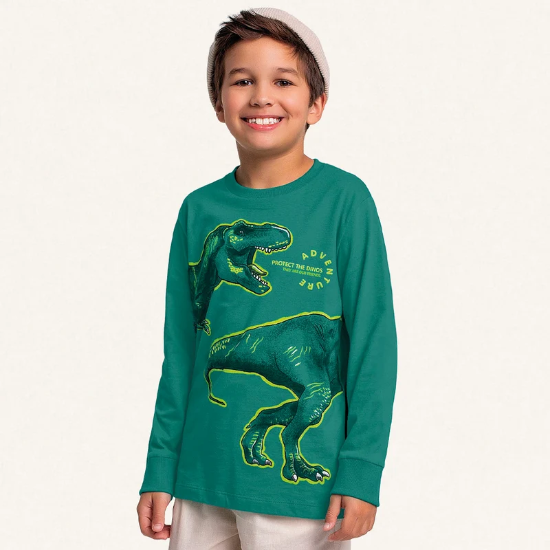 Camiseta Manga Longa Protect the Dinos Fakini - Masculina 08 / Menino / Preto
