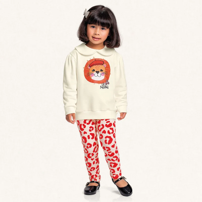 Conjunto Blusa Moletom Gola e Legging Leão Fakini - Feminino 01 / Menina / Mescla