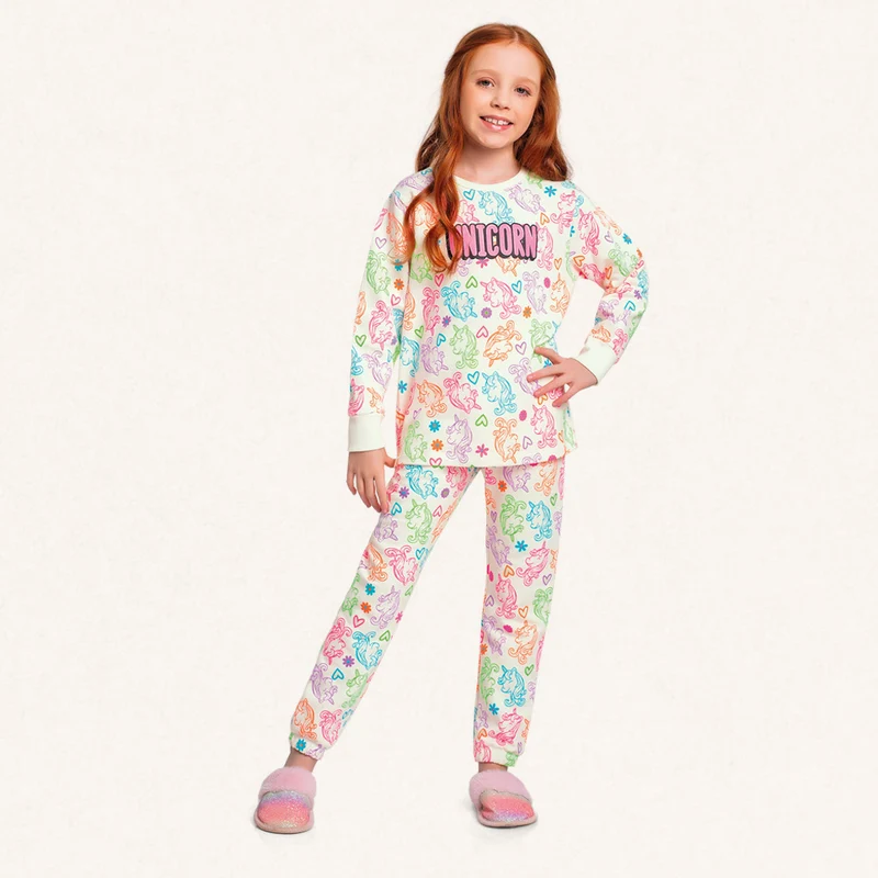 Conjunto Pijama Moletom Peluciado Unicórnio Fakini - Feminino 08 / Menina / Marfim