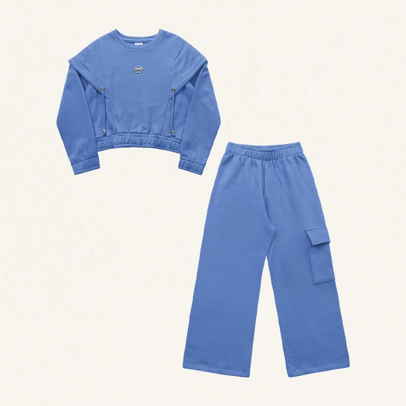 Conjunto Moletom Malha Trançada Blusa e Calça Fakini - Feminino 04 / Menina / Azul