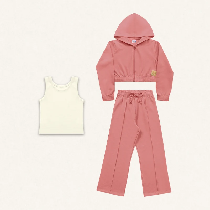 Conjunto 3 peças Jaqueta e Calça Moletom com Regata Canelada Fakini - Feminino 04 / Menina / Rosa