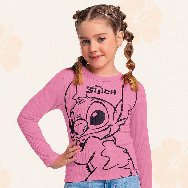 Camiseta Manga Longa Canelada Rosa Estampada Lilo e Stitch Fakini – Feminina 06 / Menina