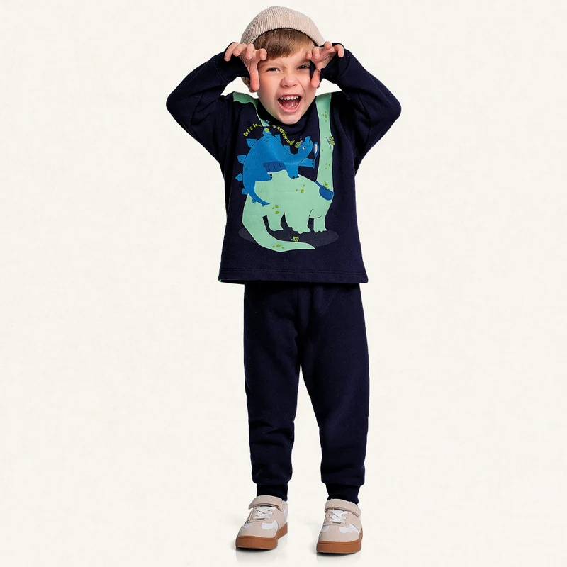 Conjunto Moletom Estampado Dinossauro Fakini - Masculino 03 / Menino / Cinza