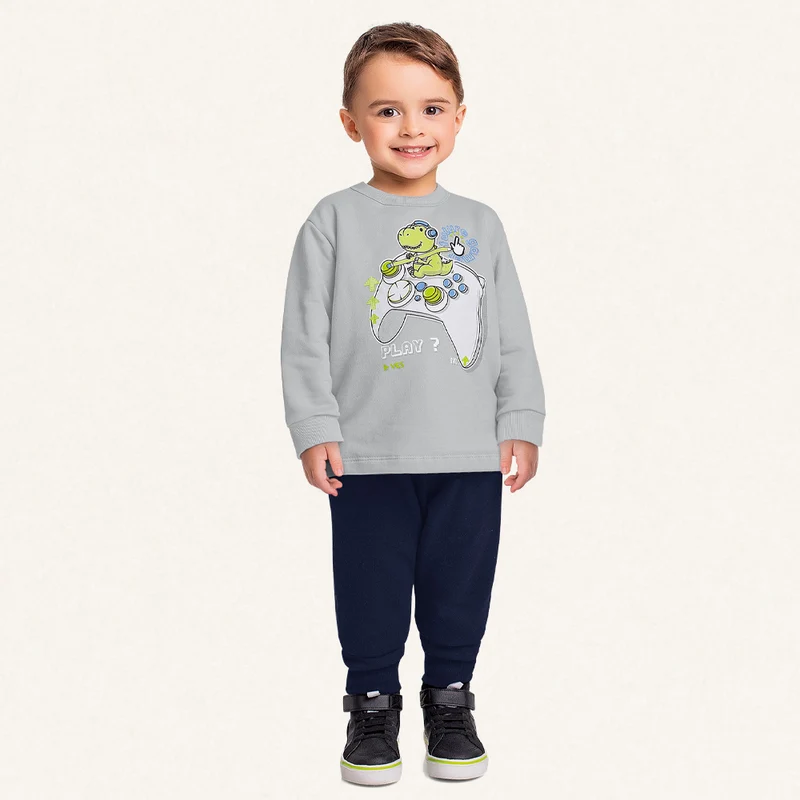 Conjunto Moletom Play Dino Cinza Fakini – Masculino 03 / Menino