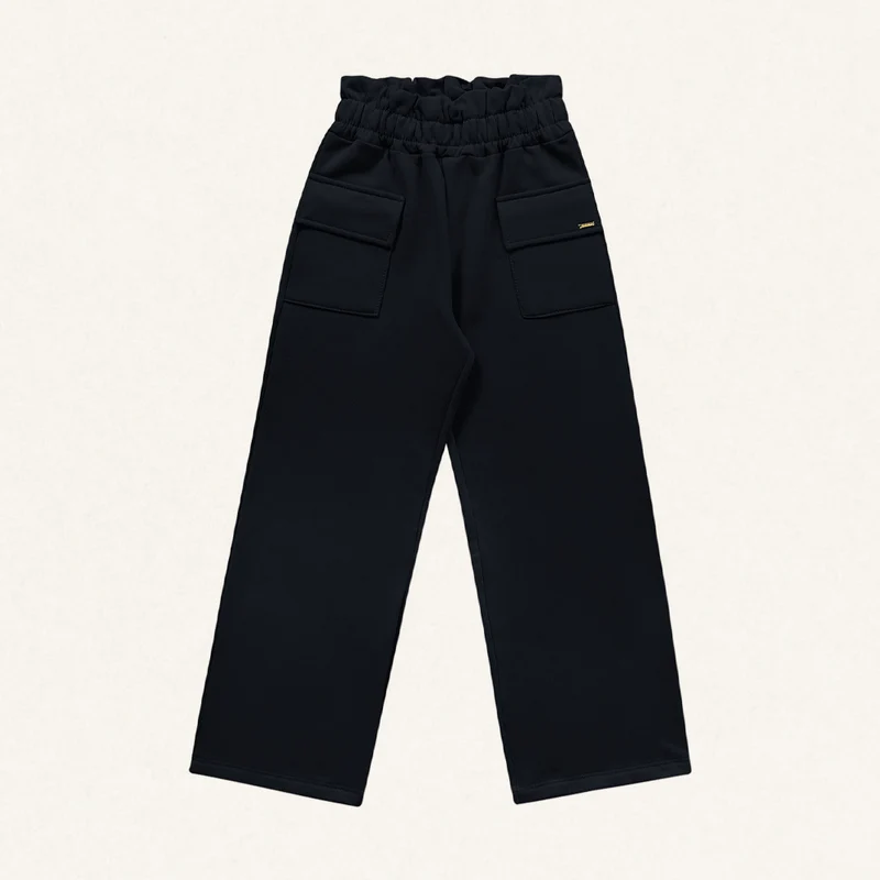 Calça Malha Wide Leg com Bolsos Fakini - Feminina 04 / Menina / Preta