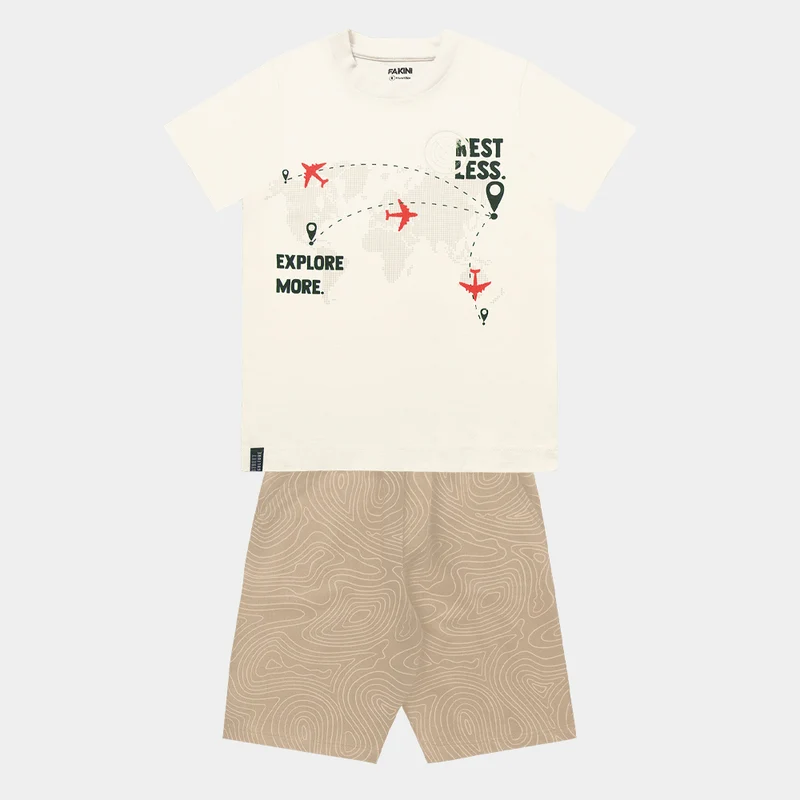 Conjunto Camiseta Manga Curta e Bermuda Rest Less Fakini Masculino 04 / Menino / Marfim/Camelo