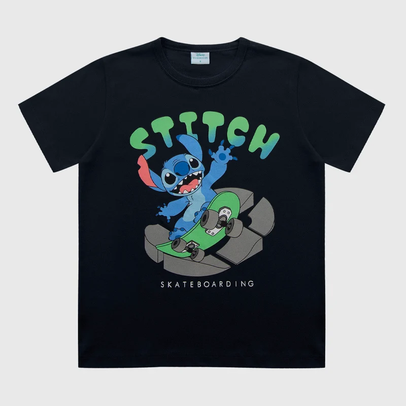 Camiseta Manga Curta Stitch Skateboarding Fakini Masculino 04 / Menino / Preto