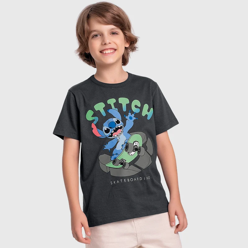 Camiseta Manga Curta Stitch Skateboarding Fakini Masculino 08 / Menino / Preto