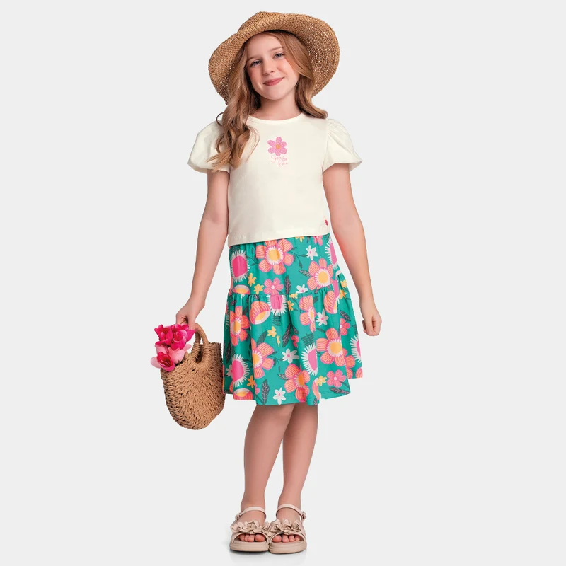 Conjunto Blusa e Saia Fakini Feminino 06 / Menina / Marfim/Verde