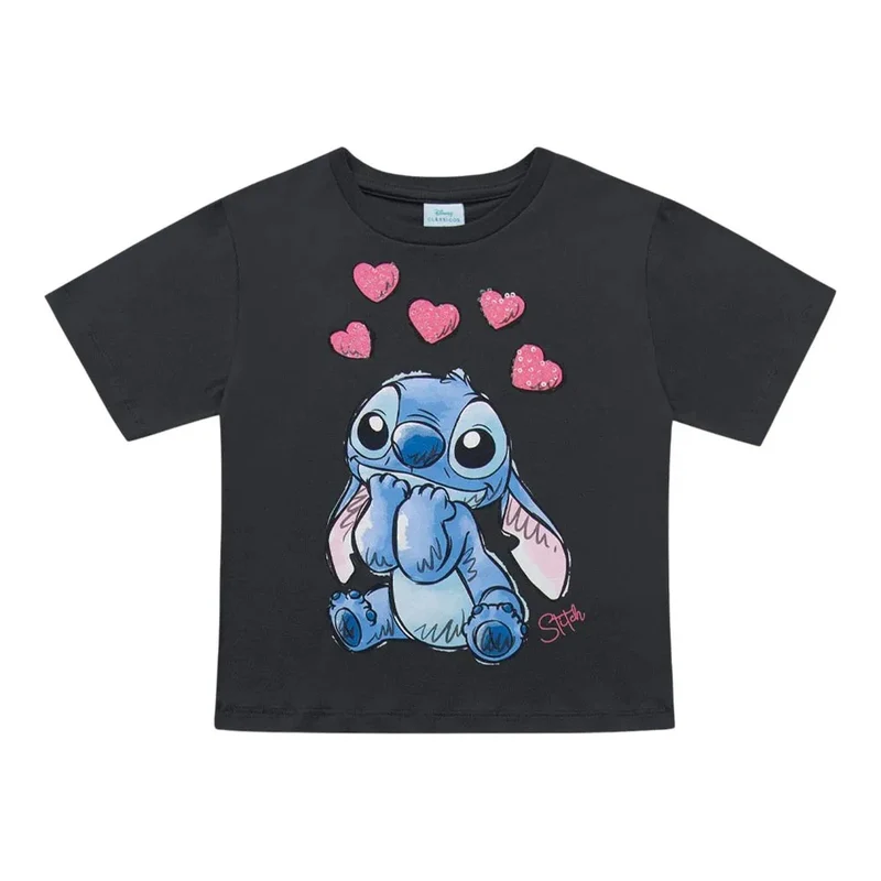 Camiseta Manga Curta Lilo e Stitch Fakini Feminino 04 / Grafite