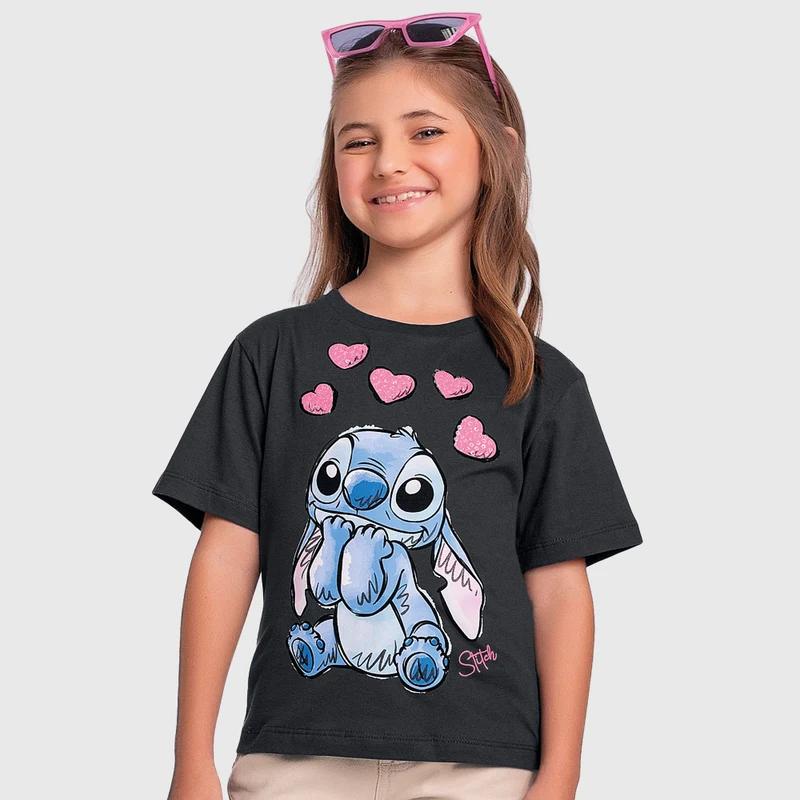 Camiseta Manga Curta Lilo e Stitch Fakini Feminino 06 / Rosa