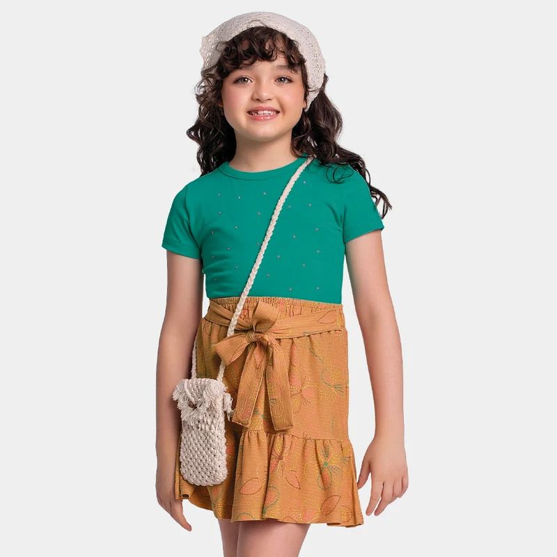Conjunto Blusa Manga Curta e Saia Com Aplicação de Pedrinhas Fakini Feminino 04 / Menina / Verde/Marrom