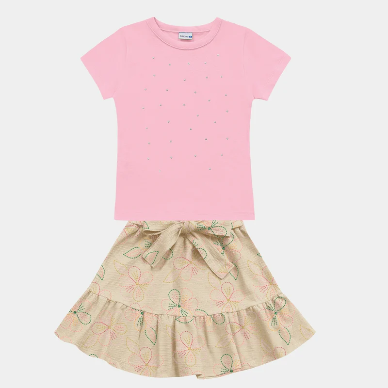 Conjunto Blusa Manga Curta e Saia Com Aplicação de Pedrinhas Fakini Feminino 04 / Menina / Rosa/Baunilha