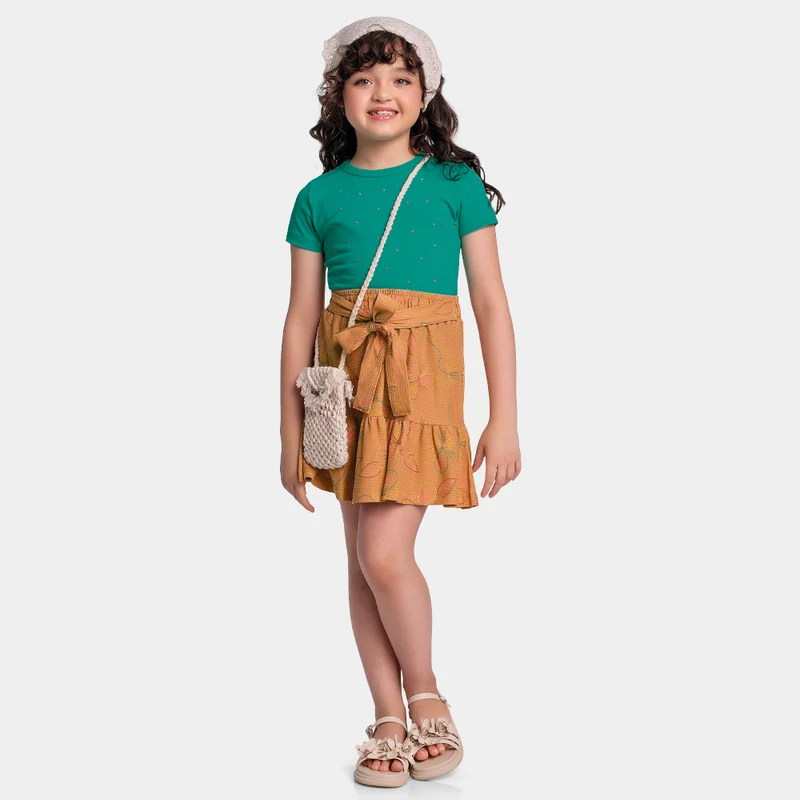 Conjunto Blusa Manga Curta e Saia Com Aplicação de Pedrinhas Fakini Feminino 10 / Menina / Marfim/Rosa