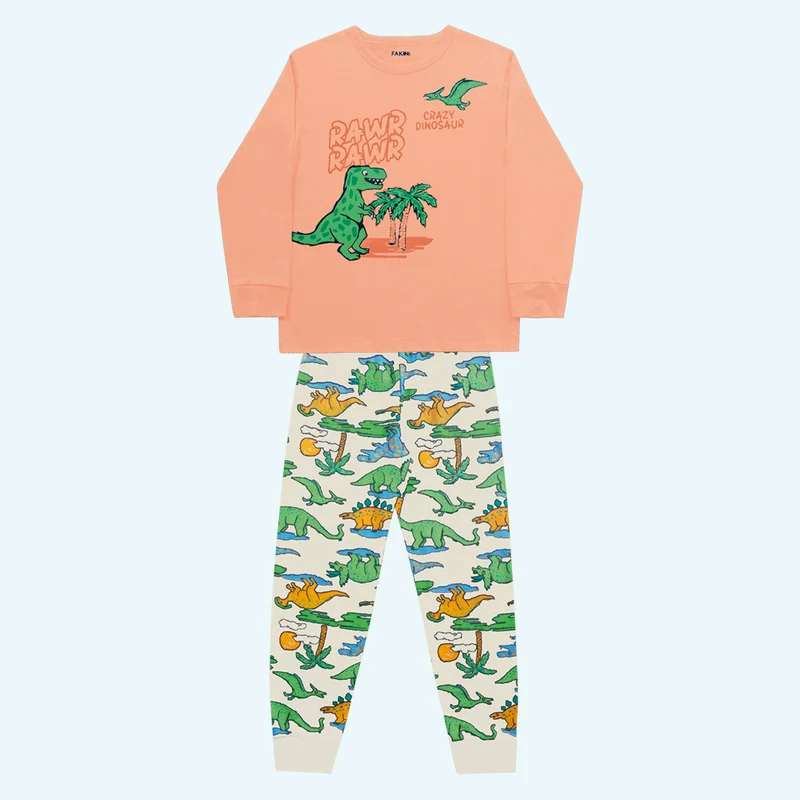 Conjunto Camiseta Manga Longa e Calça Pijama Crazy Dinosaur Fakini Masculino 04 / Menino / Laranja/Marfim