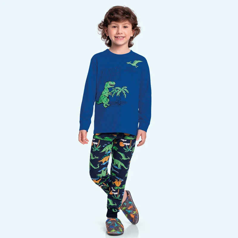 Conjunto Camiseta Manga Longa e Calça Pijama Crazy Dinosaur Fakini Masculino 10 / Menino / Azul/Marinho