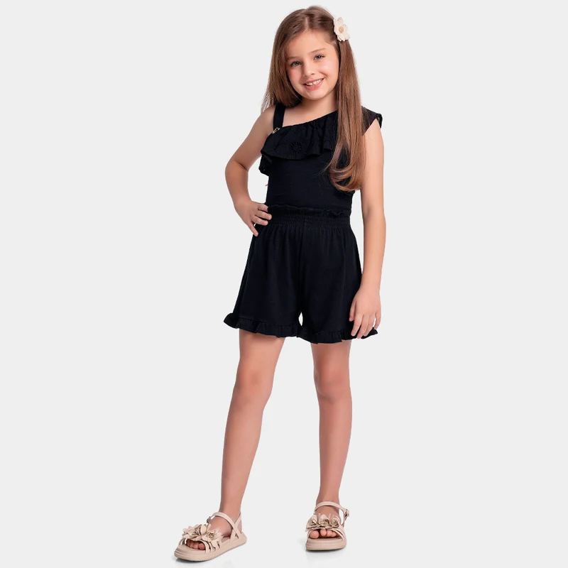 Conjunto Blusa e Shorts Com Babado No Busto Fakini Feminino - Preto 06 / Menina