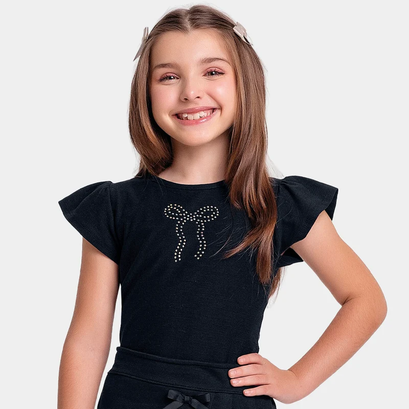 Blusa Manga Curta Laço Em Pedrinha Fakini Feminina 04 / Menina