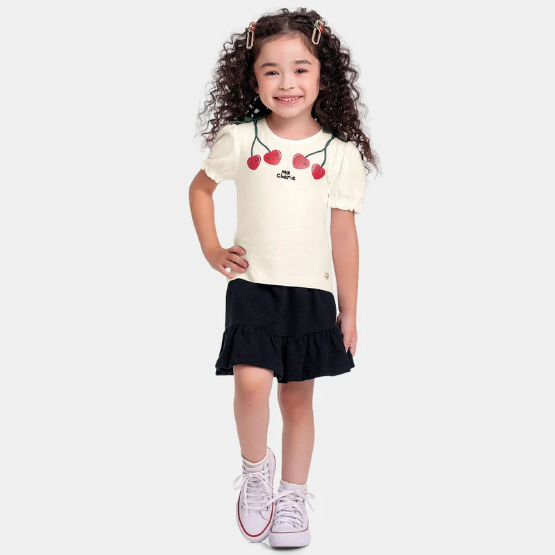 Conjunto Blusa e Short Saia Ma Chérie Fakini Feminino 02 / Menina / Goiaba/Camelo