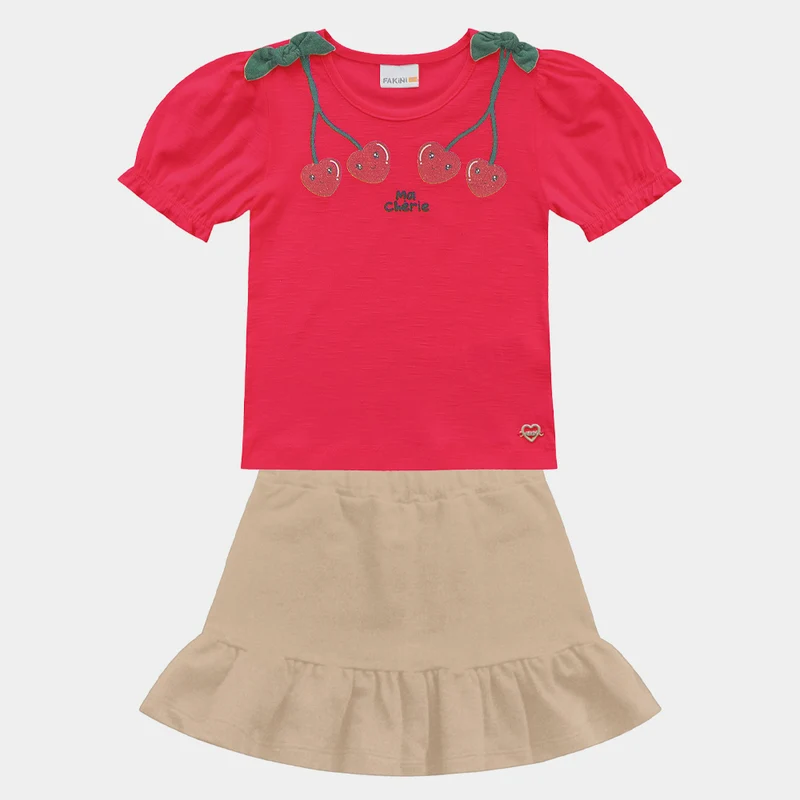 Conjunto Blusa e Short Saia Ma Chérie Fakini Feminino 03 / Menina / Goiaba/Camelo