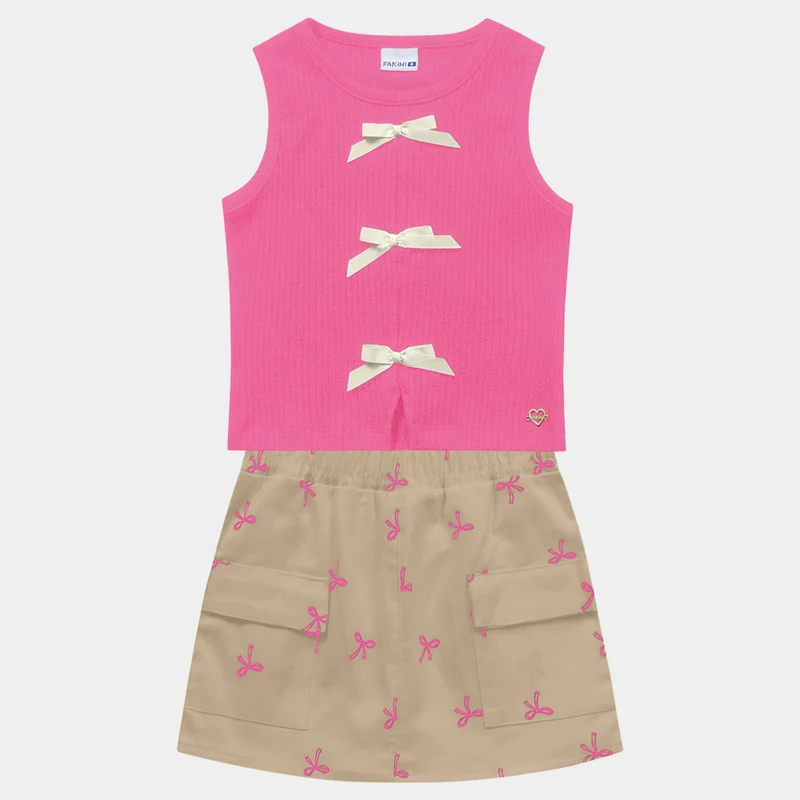 Conjunto Regata e Short Saia Com laços Fakini Feminino 04 / Menina / Rosa/Camelo