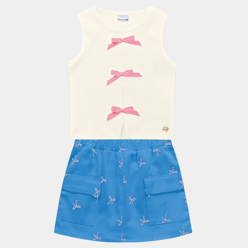 Conjunto Regata e Short Saia Com laços Fakini Feminino 04 / Menina / Marfim/Azul