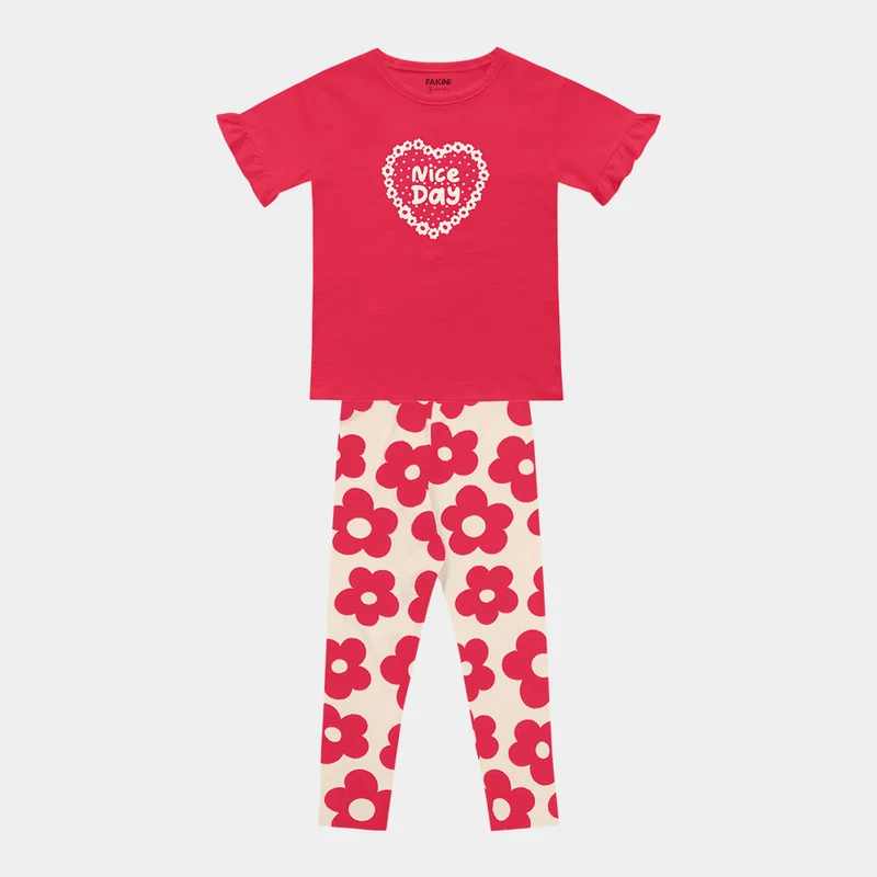Conjunto Blusa Manga Curta e legging Estampada Nice Day Fakini Feminino 01 / Menina / Goiaba