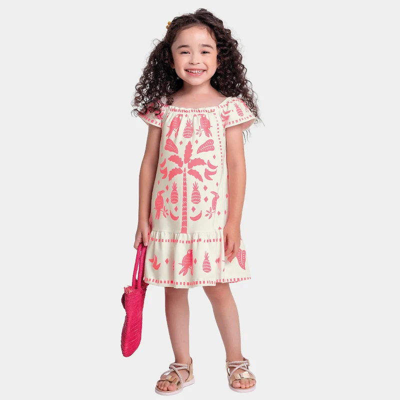 Vestido Estampa Tropical Fakini Feminino - Marfim/Rosa 02 / Menina