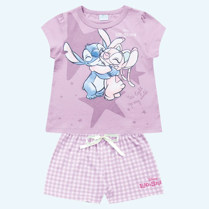 Conjunto Blusa e Shorts de Pijama Lilo e Stitch Fakini Feminino 04 / Lilás