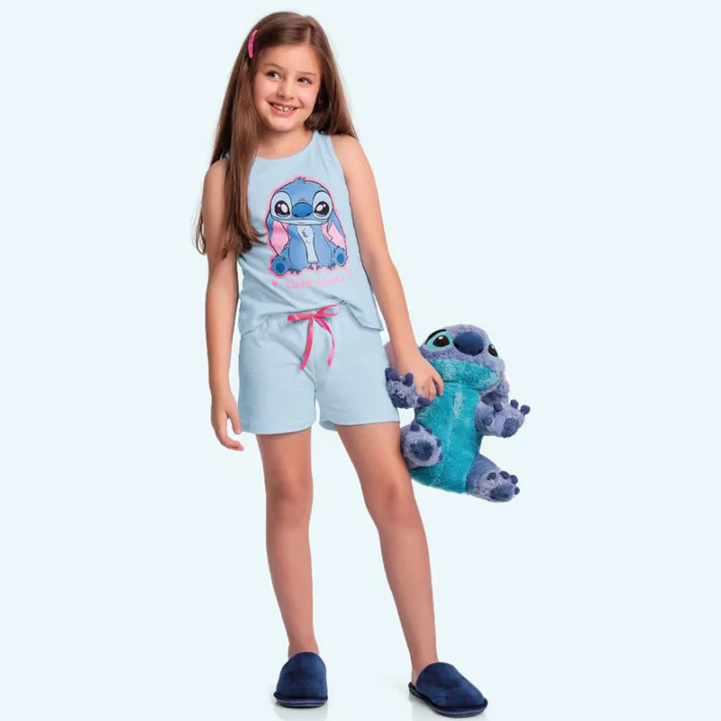 Conjunto Regata e Shorts de Pijama Lilo e Stitch Fakini - Menina 08 / Azul