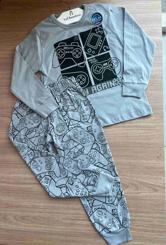 CONJUNTO PIJAMA MANGA LONGA COM CALÇA VIDEO GAME MENINO FAKINI Cinza / 10
