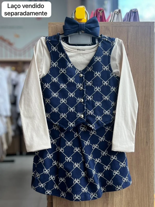 CONJUNTO BLUSA MANGA LONGA COLETE BOTÕES LAÇO E SHORT SAIA MENINA FAKINI BEGE/MARINHO / 4