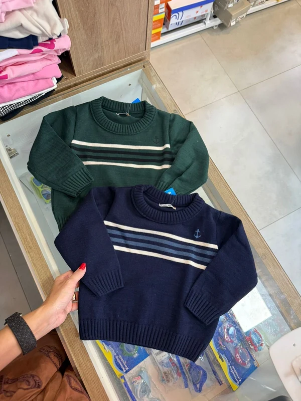 CASACO SUÉTER MANGA LONGA LISTRADO TRICOT TRICÔ MINIMALISTA ÂNCORA MENINO FAKINI MARINHO / 6