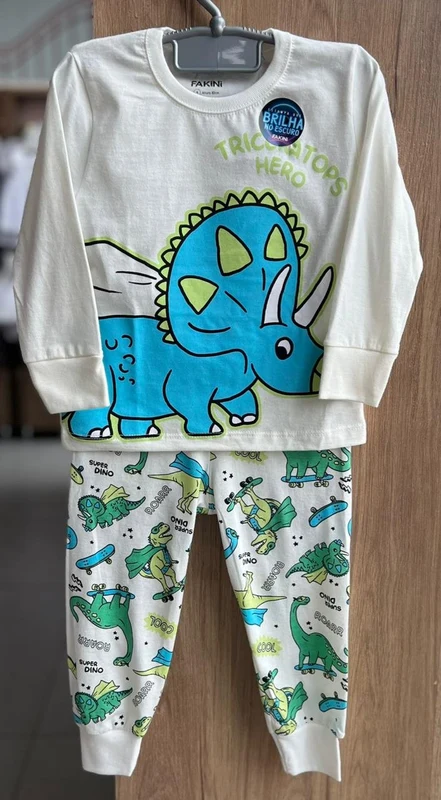 CONJUNTO PIJAMA CAMISETA MANGA LONGA DINO DINOSSAURO TRICERATOPS E CALÇA MENINO FAKINI OFF/VERDE / 1