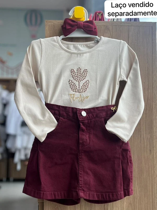 CONJUNTO BLUSA MANGA LONGA FLOR PAETES E SHORT SAIA MENINA FAKINI OFF/VINHO / 6