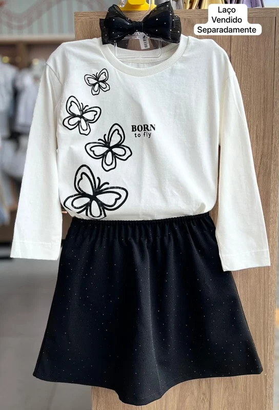 CONJUNTO BLUSA MANGA LONGA BORBOLETA E SHORT SAIA MENINA FAKINI BRANCO/PRETO / 6