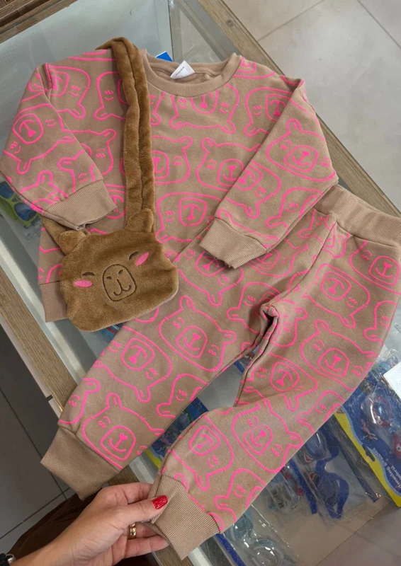 CONJUNTO BLUSÃO MANGA LONGA MOLETOM CAPIVARA BOLSA E CALÇA MENINA FAKINI Bege / 3