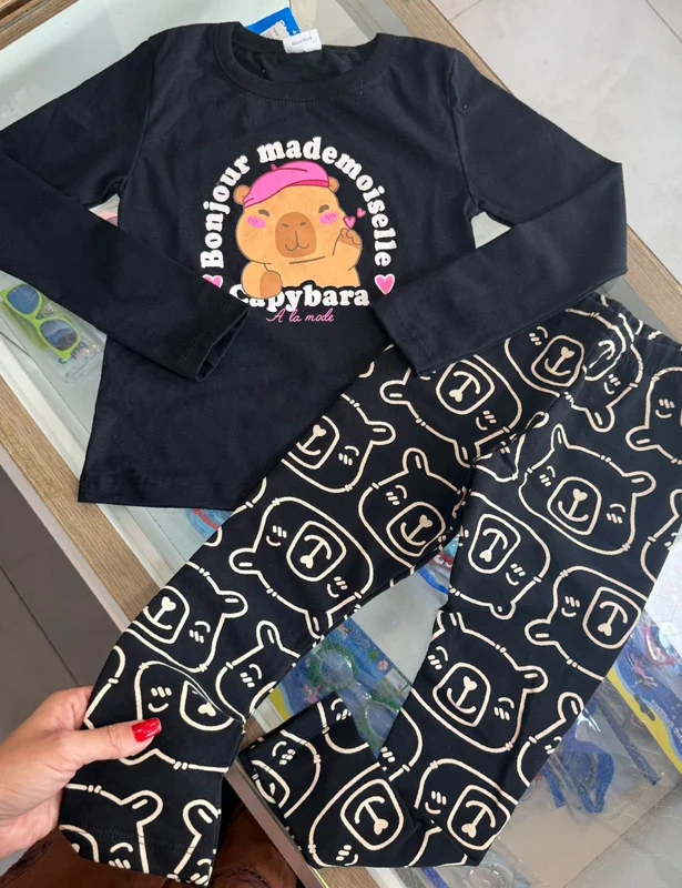 CONJUNTO BLUSA MANGA LONGA CAPIVARA BONJOUR E CALÇA MENINA FAKINI Preto / 10