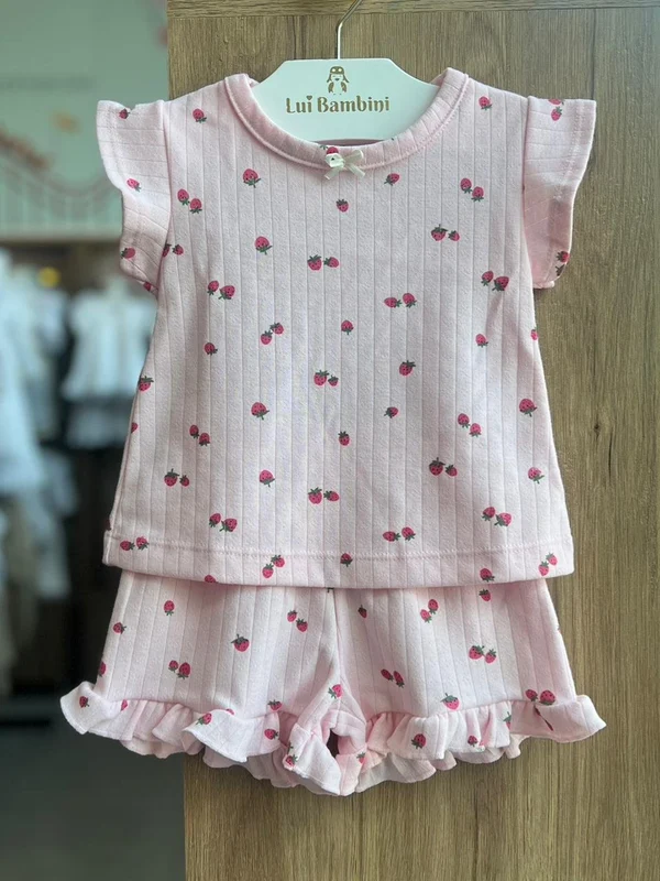 CONJUNTO PIJAMA BLUSA MANGA CURTA CANELADO MORANGOS E SHORT BABADO MENINA FAKINI Rosa / 3