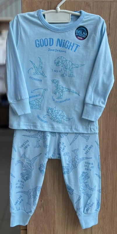 CONJUNTO PIJAMA MANGA LONGA GOOD NIGHT DINO DINOSSAURO E CALÇA MENINO FAKINI AZUL CLARO / 6