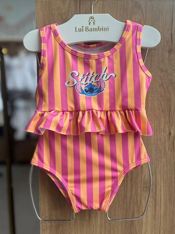 CONJUNTO BIQUINI REGATA TOP LISTRADO STITCH PROTEÇÃO UV50+ E CALCINHA MENINA FAKINI LARANJA/ROSA / 4