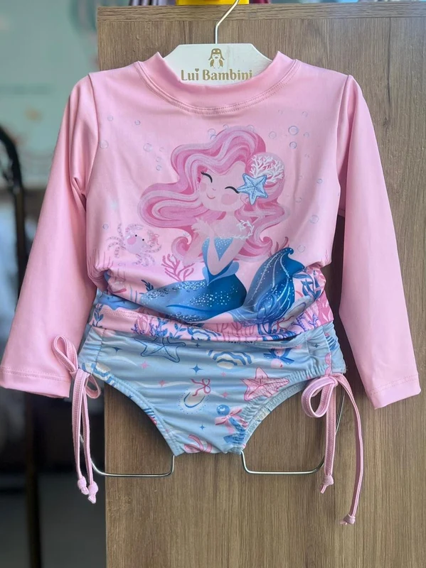 CONJUNTO BIQUINI BLUSA MANGA LONGA SEREIA FUNDO DO MAR PROTEÇÃO UV50+ E CALCINHA MENINA FAKINI ROSA CLARO / 2