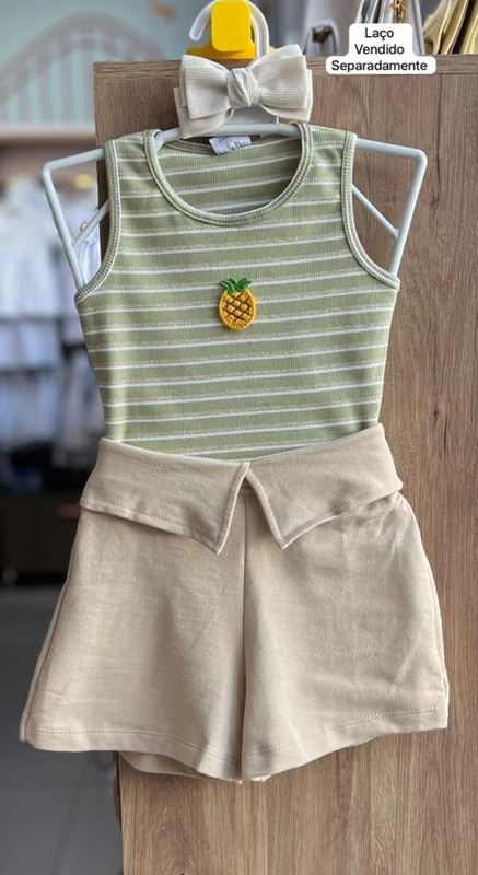CONJUNTO BLUSA REGATA LISTRADO E SHORT MENINA FAKINI VERDE/BEGE / 10