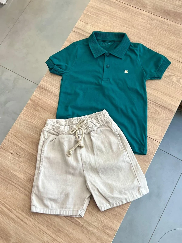 CONJUNTO CAMISA MANGA CURTA GOLA POLO BORDADA E BERMUDA SARJA BOLSO CORDÃO MENINO FAKINI VERDE/BEGE / 4
