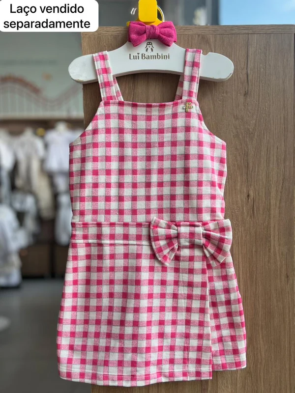 MACACÃO XADREZ ALÇA E SOBREPOSIÇÃO COM LAÇO E PINGENTE STRASS MENINA FAKINI ROSA/OFF / 6