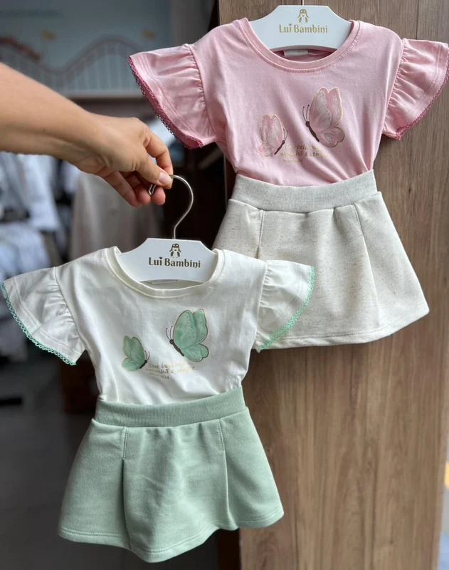 CONJUNTO BLUSA MANGA CURTA BABADO DUPLA DE BORBOLETAS E SHORT SAIA MENINA PULLA BULLA OFF/VERDE / 2